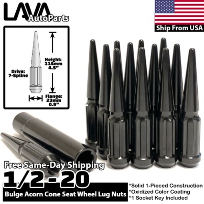 24x Black 1/2-20 Spike Lug Nut Set + Socket Fit Old Dodge Dakota Durango Viper