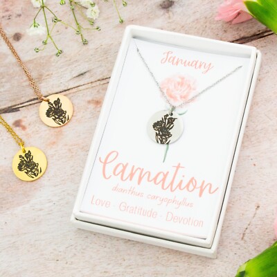 Carnation Necklace - January Birth Flower Personalised Engraved Jewellery