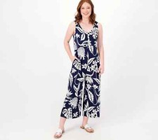 Cuddl Duds Tall Wide Leg Flexwear V-Neck Jumpsuit-Navy Tropical-Tall XS-A587649