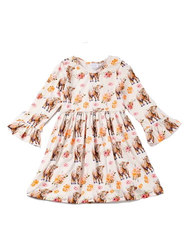 New Girls 7 Long Bell Sleeve Floral Highland Cow Dress