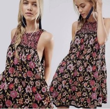 Free People Oh Baby Dress Babydoll Sz LG Floral Boho Mini Smocked Whimsygoth