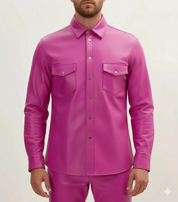 Formal Party Handmade Leather Men's Shirt Real Pink Casual 100% Original Stylish