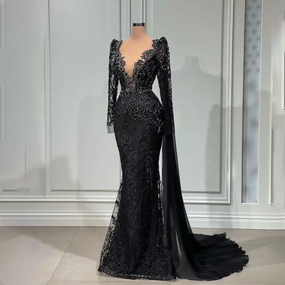 Pearls Evening Dress Chic V-Neck Appliques Black Long Sleeves Lace Floor Length