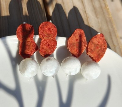 Handgemachte Rote Korallen & Phantom Quartz Ohrringe Drop Edelstein Schmuck