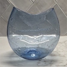 Hand Blown Light Blue Art Glass Vase with Bubble Pattern, Decorative