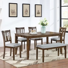 6 Piece Kitchen Dining Set Kitchen Table Wood Dining Table w/ 4 Chairs & Bench