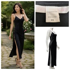 Vintage Victoria's Secret Black Satin Lace Up Maxi Slip Dress Y2K XS Whimsygoth
