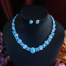 Blue Turquoise Choker Necklace Earrings Silver Plated Women CZ Party Jewelry Set