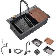 30"Kitchen Sink with Faucet Combo Waterfall Black Stainless Steel Waterfall S...