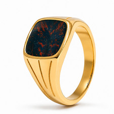 Men's 925 Sterling Silver Gold Vermeil Bloodstone Gemstone Signet Statement Ring