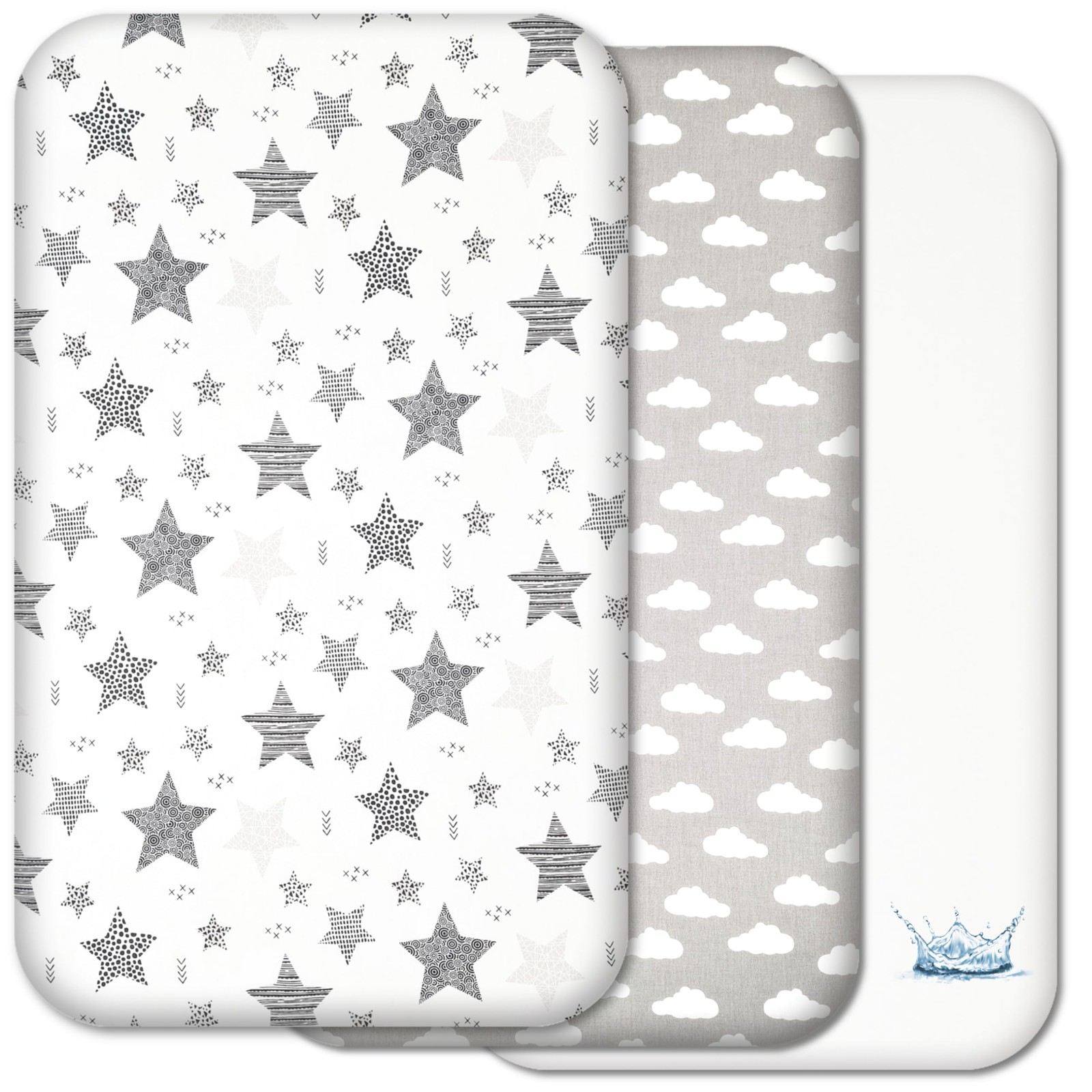 Next to Me Crib Sheets - 3pc Crib Fitted Sheet Set - 2 Fitted Cotton Sheets and 1 Waterproof Mattress Protector for Bedside Cribs - 100% Organic Cotton - Made in Europe (Grey Stars&Clouds, 83x50cm) - Image 2