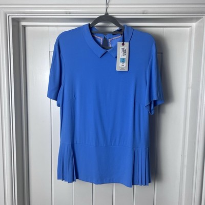 Marks & Spencer Top Damen UK 14 Blau Kurzarm Plissee Saum Stretch M&S