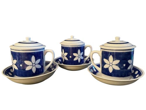 Vintage Set 3 Williams Sonoma IDG Tea Coffee Cup Mug w Cover Blue White Flowers