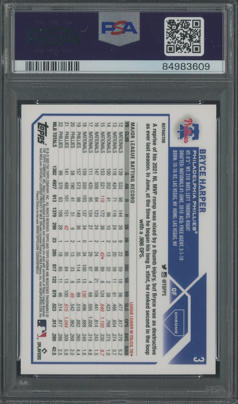 2023 Topps Chrome Refractor #3 Bryce Harper Phillies PSA 10 GEM MINT view 2