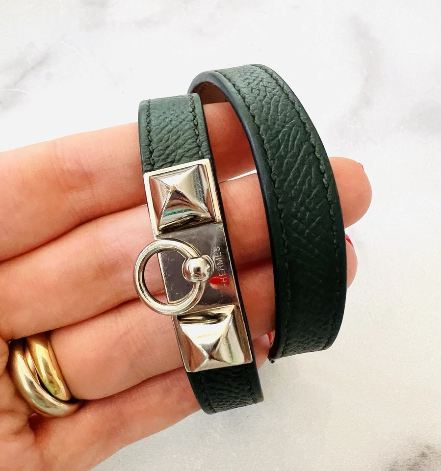 Pulseira Hermes Paris Rivale Tour couro verde folheada a paládio - Imagem 2 de 4