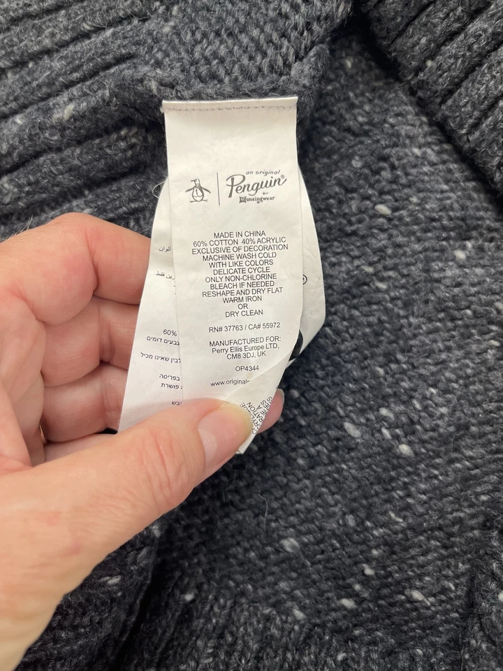 Cardigã masculino pinguim original suéter xale médio colarinho cinza escuro pai salpicado - Imagem 4 de 4