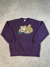 Vintage Cats Sweatshirt Womens L Yarn Kittens Purple Pullover Fleece Graphic