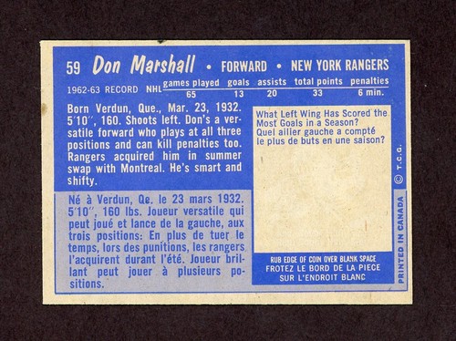 1963-64 TOPPS #59 DON MARSHALL 28263 - Afbeelding 2 van 2