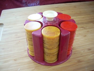 150 Vtg Bakelite Catalin Poker Chips Marbled Red Catalin Caddy 3.5'' H 5'' Diam