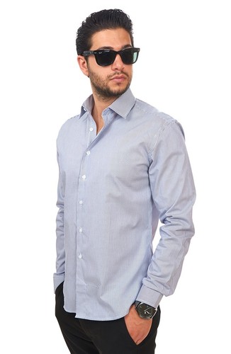 New Mens Dress Shirt Blue Stripe Tailored Slim Fit Wrinkle Free Cotton AZAR MAN - Picture 3 of 4
