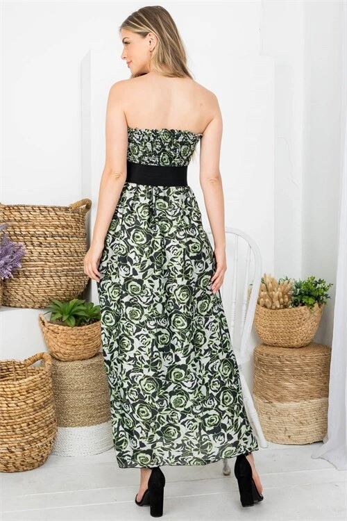 smocked strapless maxi dress