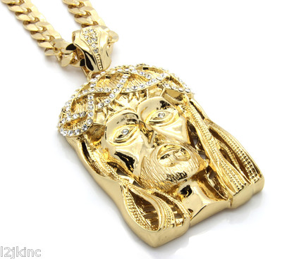 14k Gold Plated 30'' Cuban Chain Iced Cubic Zirconia Crowned Jesus Large Pendant