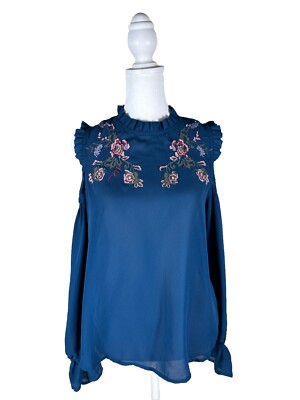 Lily White Cold Shoulder Embroidered Floral Boho Blouse Dark Teal Size M