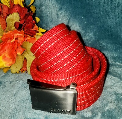 GANT Canvas Belt Men's Size 40 Red Cloth White Stitching Silver Tone Buckle