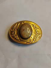Gold Tone Belt Buckle With Large Dark Cream Stone Floral Vines Embellishment