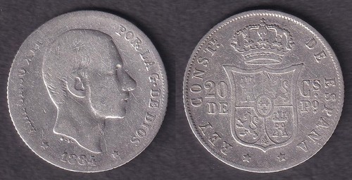 1884 Spanish Philippines 20 Centimos ALFONSO XII SILVER Coin Stock #B1