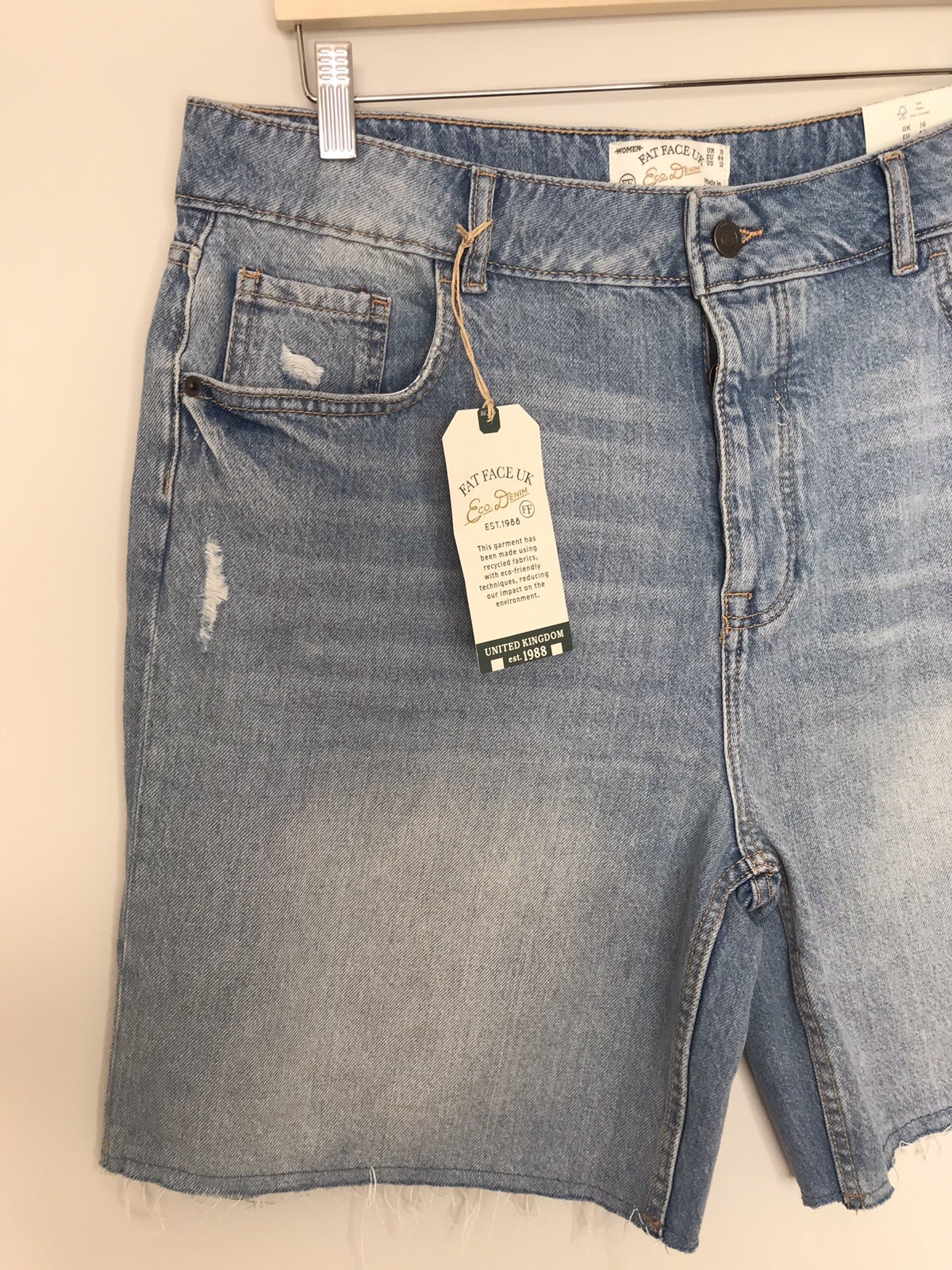 BNWT Fat Face Womens Denim Bermuda Shorts UK 16 Bleach Blue Wash