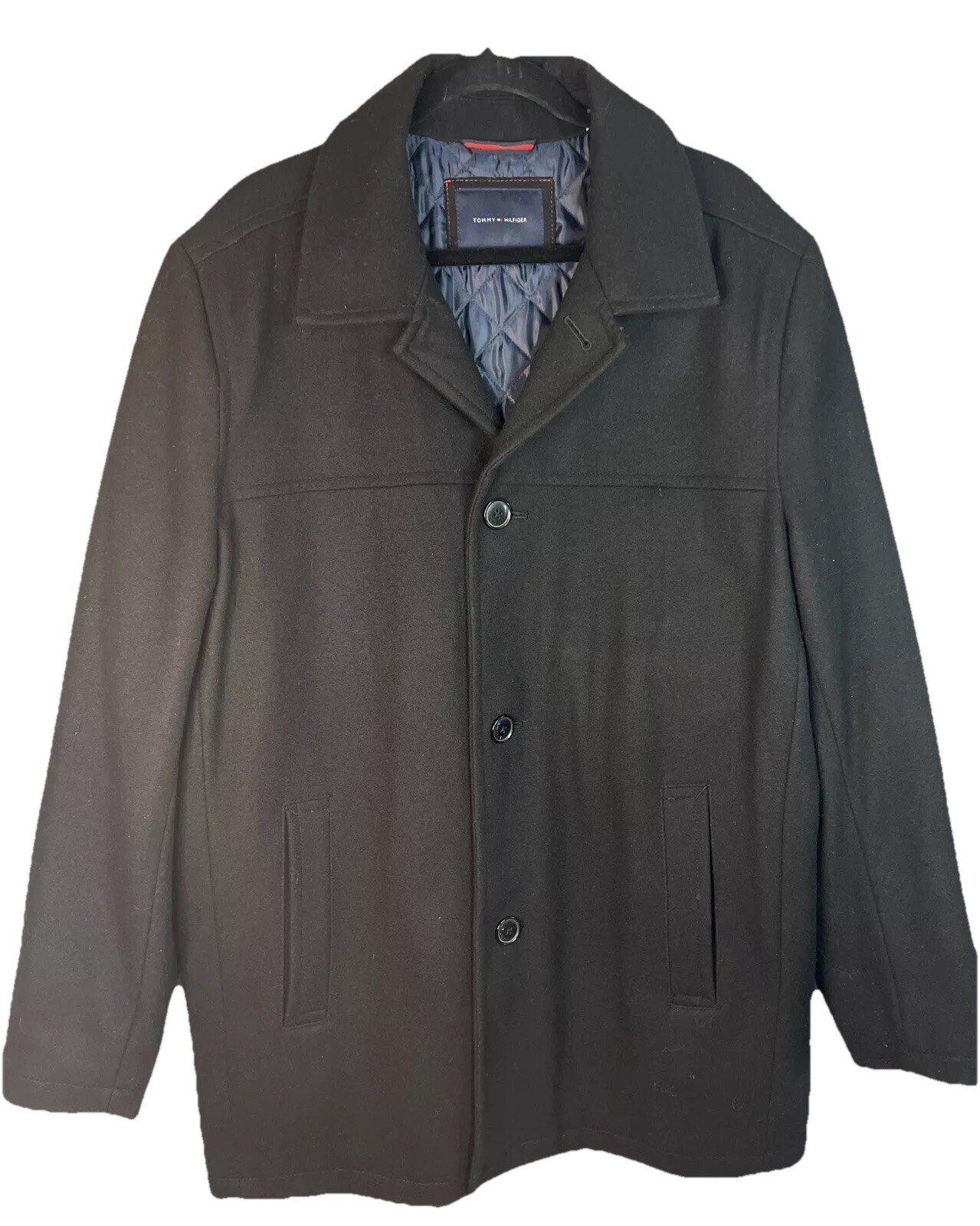 Tommy Hilfiger Mens XL Black Wool Blend Pea Coat Winter Warm Overcoat EUC