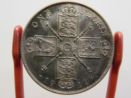 1911 Great Britain Proof One Florin Silver Coin GEM BU Wicked Toning - Picture 4 of 6