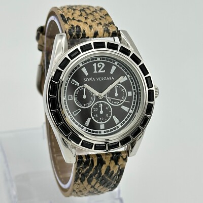 Women's SOFIA VERGARA Silver Tone, Faux Snake Skin, Black Crystal Accent Watch