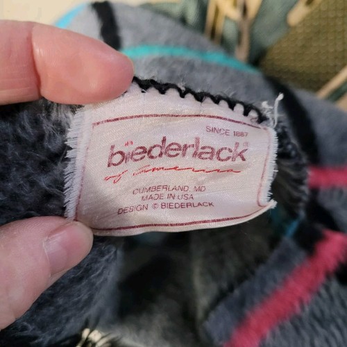 Biederlack Throw Blanket Grid Pattern Fringe Gray Black Blue Pink 58x44.5 - Picture 6 of 8