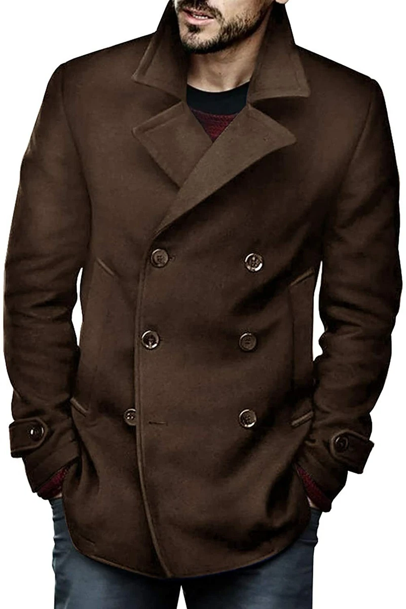 Double breasted slim hoodie solid shop casual long pea coat with belt