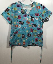 Scrub Top womens size S Small by Peaches cell phones texting messaging Blue