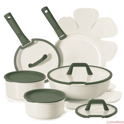 16-Pc Ceramic Nonstick Cookware Set, Emerald Green Pots&Pans w/Removable Handles
