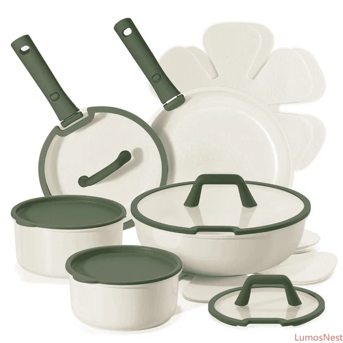 16-Pc Ceramic Nonstick Cookware Set, Emerald Green Pots&Pans w/Removable Handles