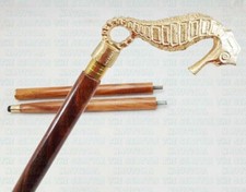 NAUTICAL DESIGNER SEA HORSE HEAD HANDLE BROWN WOODEN CANE WALKING STICK GIFT