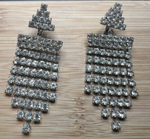 Magnifient Large Ladies Rhinestone Chandelier Dangling Clip Earrings Bridal - Picture 1 of 9