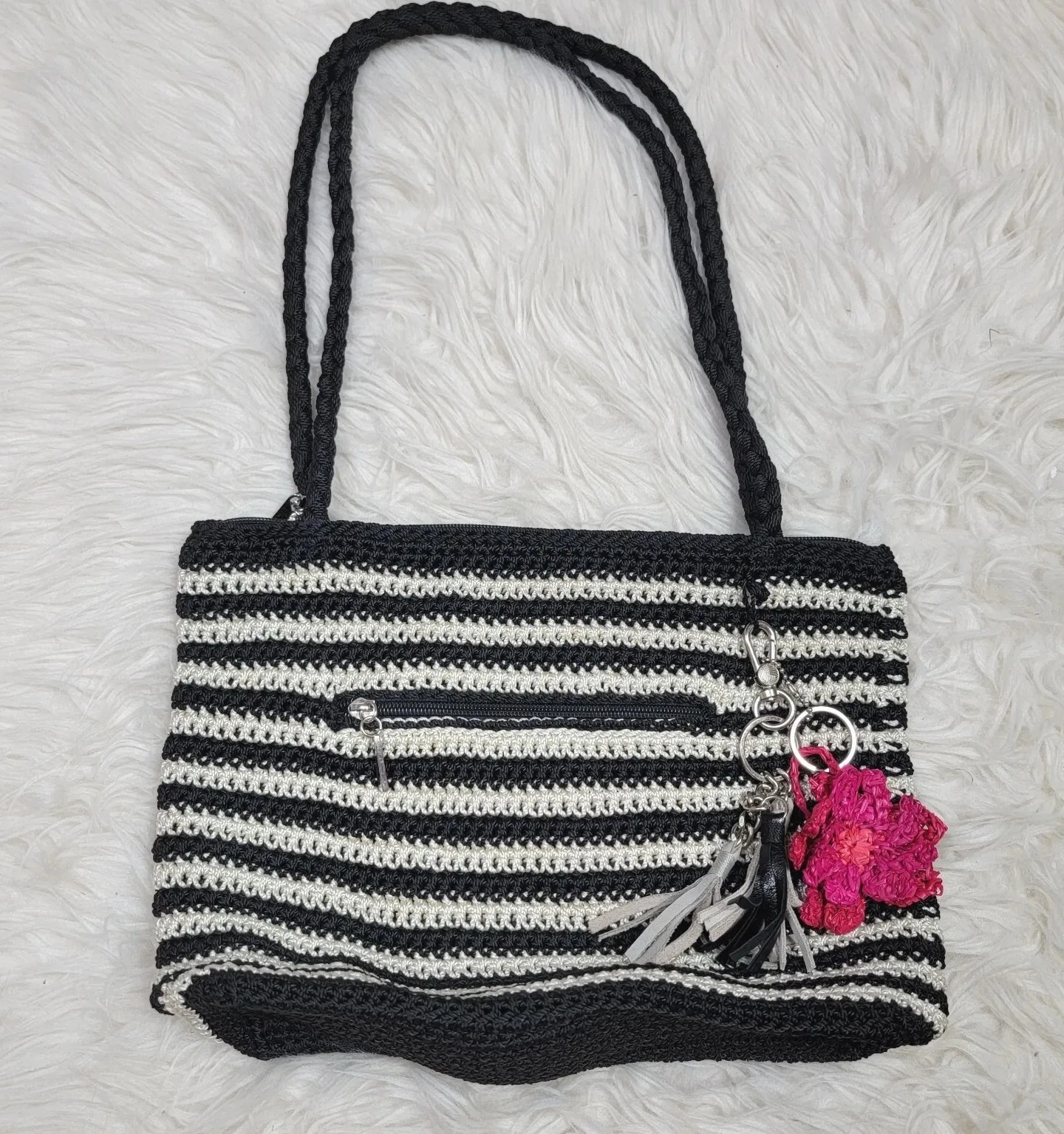 THE SAK Hobo Bag Purse Large Crochet Knit Strap Shoulder Black Striped Keychain