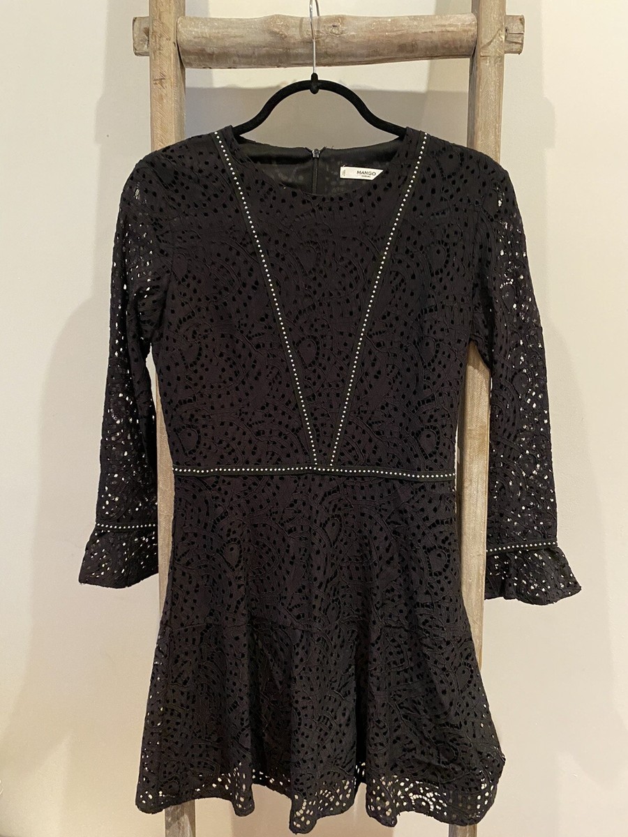 mango embroidered flared dress Mango Basics Women's Black Long Sleeve Mini Flared Embroidered Dress NEW  Small