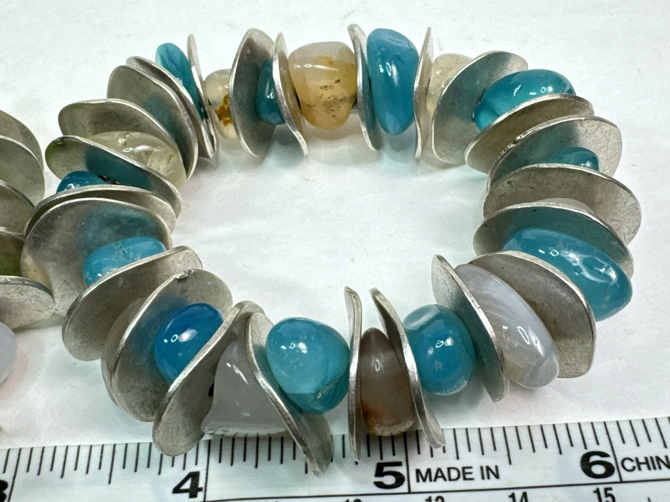 Juego de 3 brazaletes artesanales de disco de metal elástico de cuarzo de vidrio modernista ¡pesados fabulosos! Foto 4 de 4