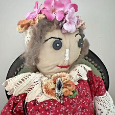 Folk Art Grandma Doll Handmade Soft Body One of A Kind Button Eyes Brooch Vtg