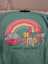 Women's Simply Southern Long Sleeve T Shirt Happy Camper Teal XL EXCELLENT