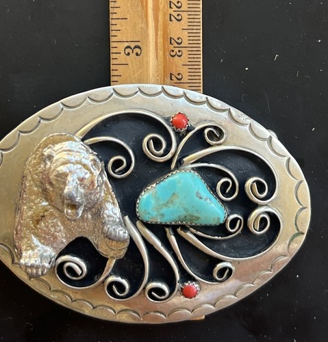 Native American Belt Buckle Turquoise- Coral-.999-Nickle 3D Bear VTG PICS-FLAW - Picture 9 of 16