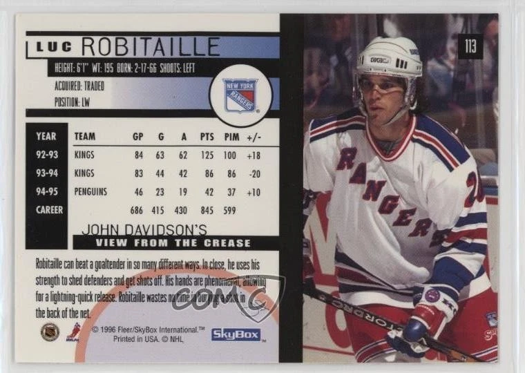 1995-96 Skybox Impact Luc Robitaille #113 HOF - Image 2 of 2