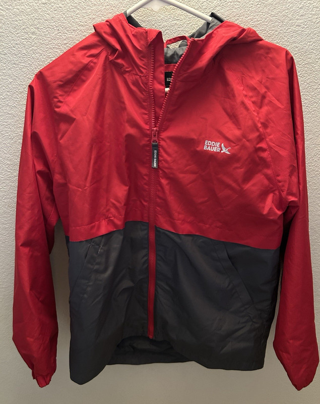 Eddie Bauer Kids Colorblock Hooded Windbreaker Jacket Full Zip Red Gray L 14/16