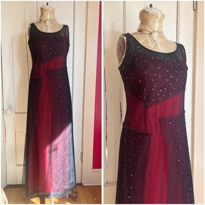 Vintage 1990s Sue Wong Red Slip Black Beaded Patchwork Overlay Prom Dress Size M
